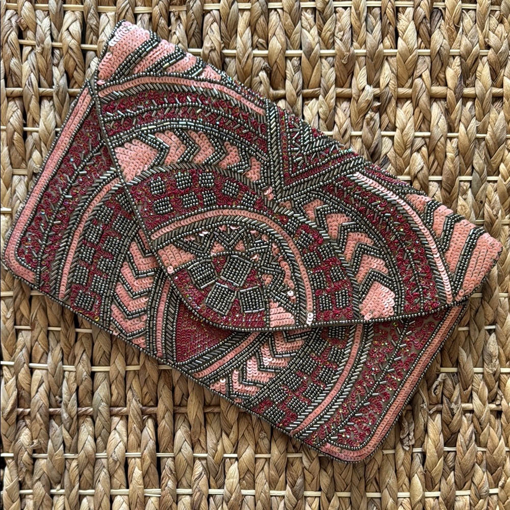 Pink and Brown Clutch with Intricate Design